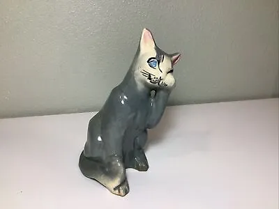 $25 • Buy Vintage Horton Ceramics Cat Planter Pot Figurine C50 Grey Blue Eyes