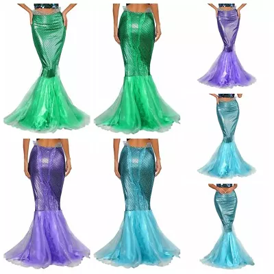 Womens Mermaid Tail Halloween Costume Party Fish Scale Shiny Metallic Long Skirt • $6.99