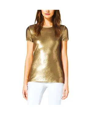 MICHAEL KORS Gold Sequined Jersey Round Neck Top W/Short Sleeves LARGE NWT $195 • $69