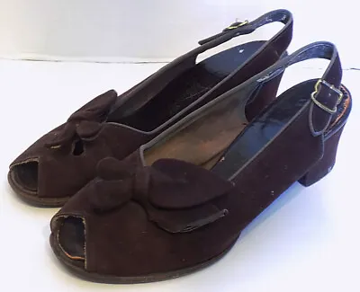 Vintage 40s 50s Brown Suede Peep Toe Shoes L'Aiglon 6 1/2 M Sling Back • $42.80