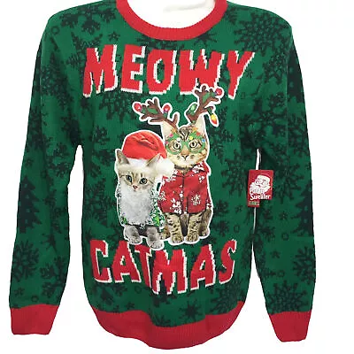 Meowy Catmas Mens Christmas Sweater Ugly Cute Cat Sweater Size M 38/40 • $26.90