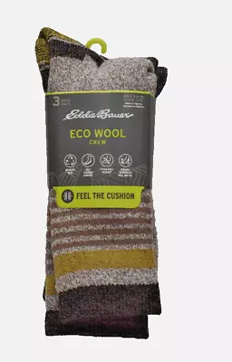 Eddie Bauer Men's Eco Wool Crew Socks 3 Pair Pack One Size Brown Black New! • $18.99