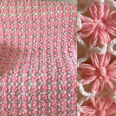 Vintage Crochet Afghan *Full/Queen* Pink White Daffodils Cottagecore Bedspread • $249.99
