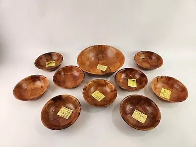9 Small 1 Large Woven Wood Salad Bowl Set 70's Pressed Wooden Unused W/ Tags • $29.99