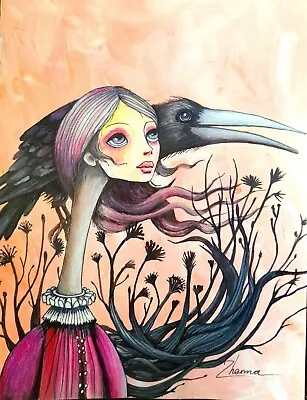 ORIGINAL ACRYLIC SURREAL ART NAIVE Woman & Crow PORTRAIT  MODERN PAINTING • $59.99