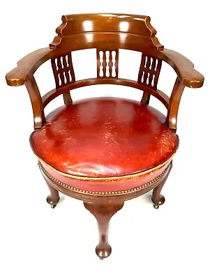 £449 • Buy Antique Mahogany Wooden & Leather Revolving Captains Desk Chair / C.1900 / Red