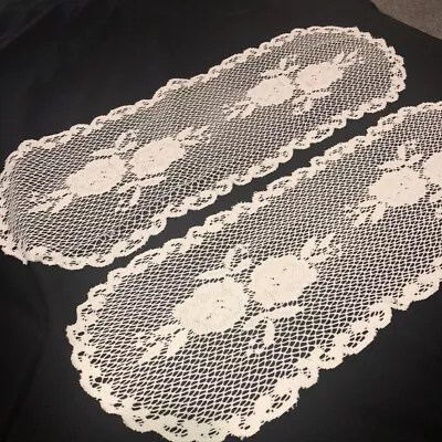 Vintage Crocheted Lace Table Runner Set Of 2 34  Oval Ivory Roses Cottage As Is • $10