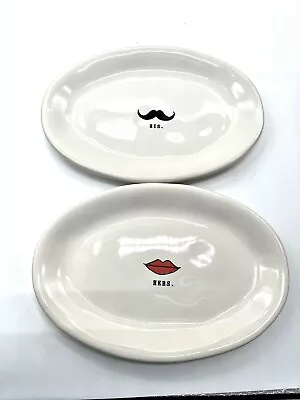 Rae Dunn His. And Hers. Oval Plates Mustache And Lips 8” X 5.5” Good Condition • $15