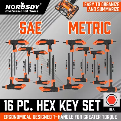 HORUSDY 16PC T Handle Allen Wrench Ball End Hex Key Set Metric SAE W/ Storage • $27.99