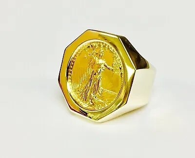 20  Mm American Eagle Coin Men's Ring With Vintage 14K Yellow Gold Finish • $561.74