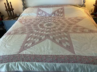 Vintage Quilt Pink Pastel Floral Lone Star Of Texas Handmade 90”x 100” Queen Sz. • $49.99