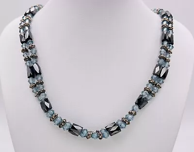 Magnetite Silver Bead Blue Glass Bead Necklace Bracelet 36” • $10.55