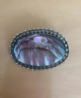 HUGE ICONIC VINTAGE MEXICO STERLING 925 OVAL ABALONE PIN BROOCH *12.2 Gm* • $19.99