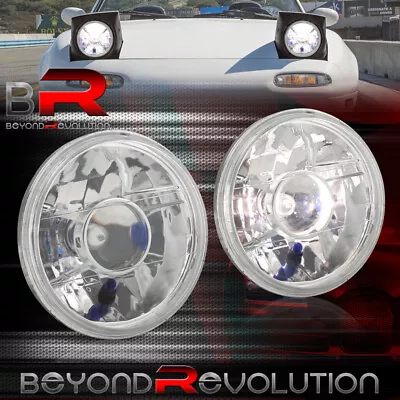 7  Round H4 Conversion Crystal Glass Lens Projector Head Light Lamp Set Chrome • $26.99