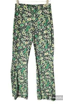 Zara Womens Printed Flowing Floral Green Flared Bell Bottom Elastic Pants Sz M • $35