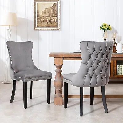 2Set Velvet Upholstered Accent Dining Chair Wingback Chairs W/Nailhead Trim Gray • $175.99