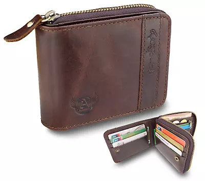 Wallet For Men Leather Zipper Bifold Wallet RFID Blocking Credit Card Holder Box • $34.32