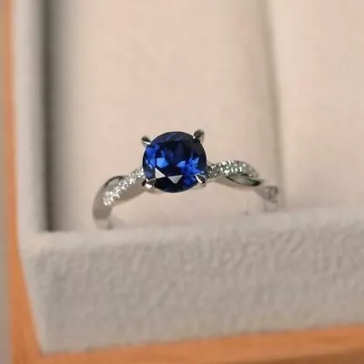 14K White Gold Plated Round Lab Created Blue Sapphire Diamond Engagement Ring • $74.99