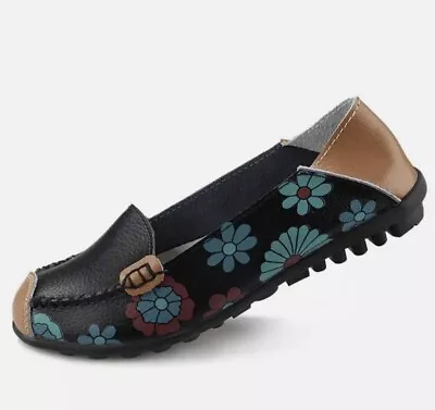 Leather Loafers Moccasins Size 8 Floral Design Driving Shoes Remote Padded Comfy • $17.99