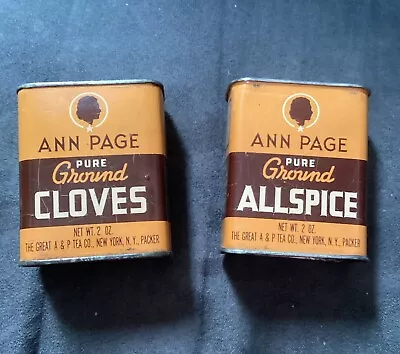 VINTAGE Lot ANN PAGE Pure Ground Allspice/Cloves Tins Great A&P Tea Co NEW YORK • $10