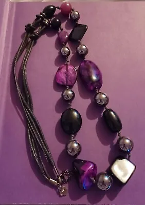 Signed KARMA Costume Jewellery Necklace Purple Black Gray Acrylic Bead Cord • £5