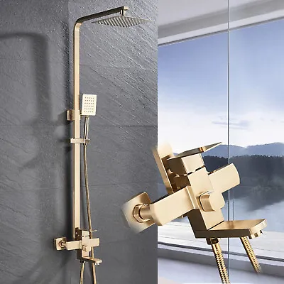 Brushed Gold Bathroom Mixer Shower Taps Set Wall Square Twin Head Exposed Valve • £119