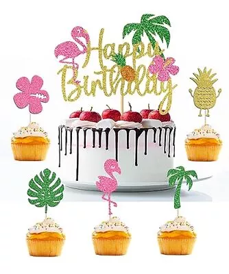 Glitter Flamingo Happy Birthday Cake Topper，Palm Tree Flamingo Pineapple Cupc... • $14.99