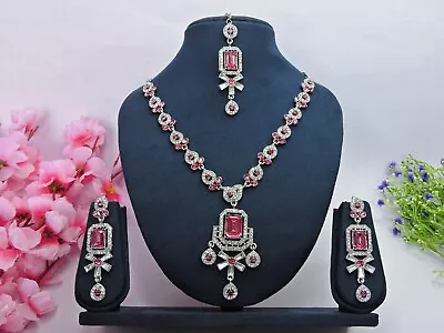 Pink Indian Bollywood Wedding Silver Plated Kundan Jewelry Pendant Necklace Set • $35.99