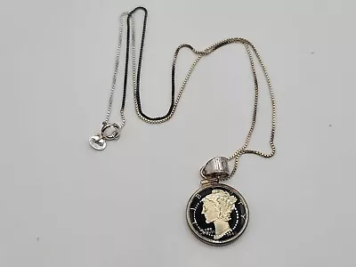 Enameled 1942 US Mercury Dime Coin - 17  Sterling Silver Necklace • $40