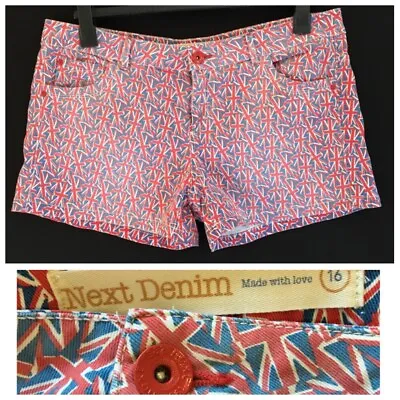 Next Denim Shorts Size 16 Hot Pants Union Jack Flags Faded Look Fun Quirky Hol • £13.95