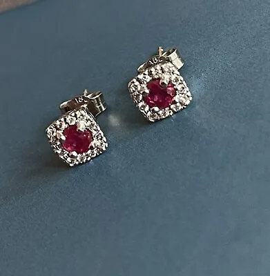 £449 • Buy 18ct White Gold Diamond Ruby Earrings Square Halo Cluster Studs