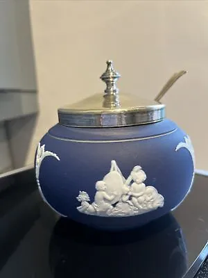 Vintage Adams Dark Blue Jasper Ware Preserve Pot With Lid & Spoon • £8.99