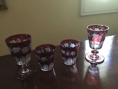 Antique Cut To Clear Crystal Moser Czech Bohemian Etched Red Glass Glasses Set • $120