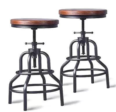 Vintage Industrial Bar Stool-Rustic Swivel Bar Stool-Round Wood Metal Stool-K... • $192.78