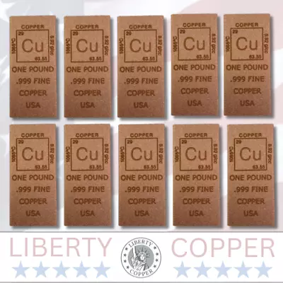 Lot Of 10 One Pound 1 Lb Cu Elemental .999 Fine Copper Bullion Bar 16 Oz Art • $132.99