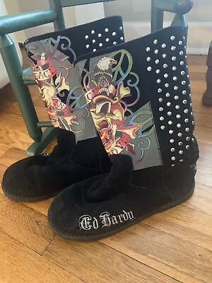 Ed Hardy  Peace” Boots Suede Black Size 7 Skeletons Peace Sign Studs As Is • $35