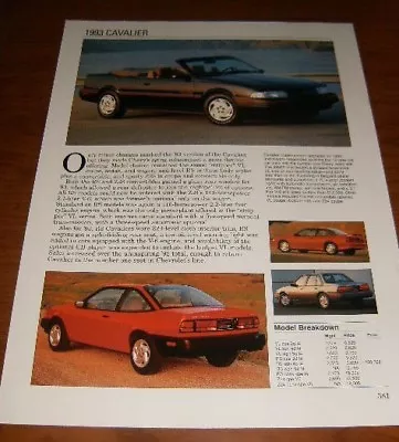 ★★1993 Chevy Cavalier Spec Sheet Info Photo 93 Z24 Rs Vl Convertible★★ • $6.29