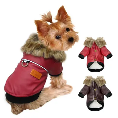 Pet Puppy Dog Leather Coat Waterproof Warm Clothes Fur Fleece Jacket Yorkie Pug • £14.39