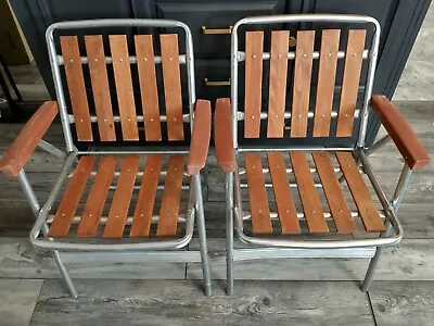 Set Of 2 Vintage Redwood Slat Aluminum Folding Lawn Chair Mid Century Modern • $112