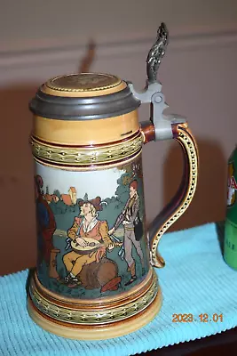 Antique Mettlach Etched German Beer Stein Signed F. Quedenus Inlaid Pewter Lid • $299.99