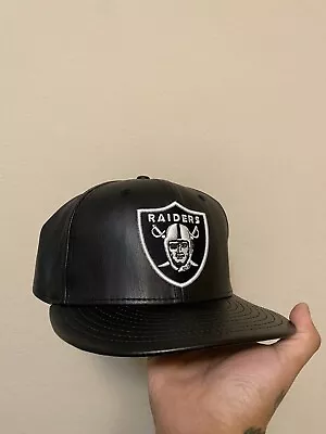 New Era Las Vegas Oakland Raiders NFL Cap Black Pleather Fitted Hat 7 3/8 • $49.50