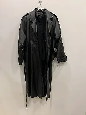 Vtg Long Leather Trench Coat Black Phase 2 Double Breast Zip Liner Size 2XL • $150