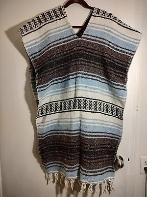 Mexican Hispanic Serape Poncho Knitted Blue Black White Heritage Costume  • $18