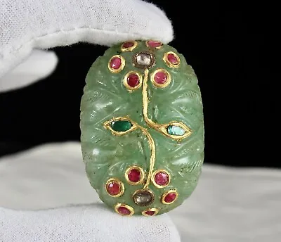 Mughal Emerald Quartz Carved Gemstone Ruby Diamond 22k Gold Pendant Designing • $937.50