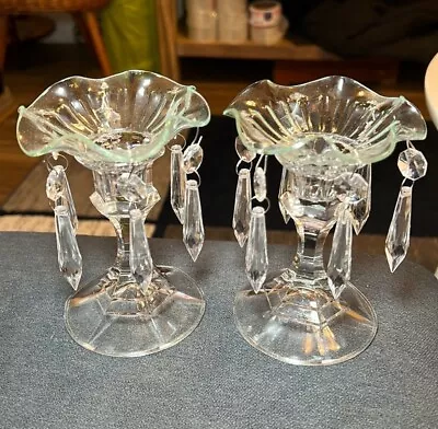 Pair Of Vintage Elegant Glass Candlesticks Crystal Prism Bobeche Candle Holders • $45