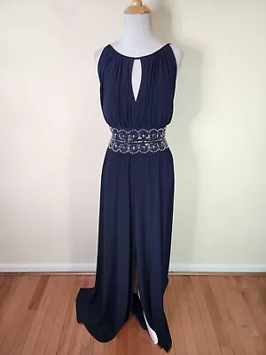 R&M Richards Navy Blue Sleeveless Beaded Long Maxi Dress Formal Size 16 Stretch • $24.50