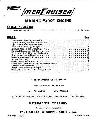 MerCruiser 390 Inboard Engine Parts List Manual 2781129 Thru 2825059 C-90-57572 • $22.99