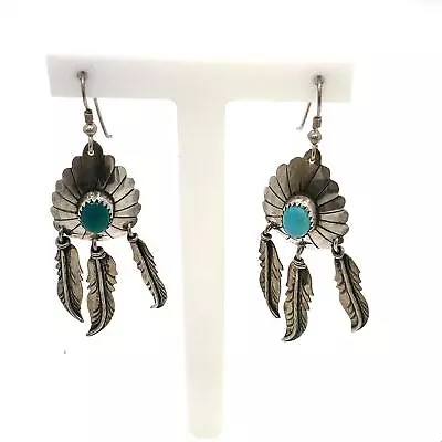 Vtg Sterling MC Mary Chavez San Felipe Navajo Turquoise Feather Dangle Earrings • $75