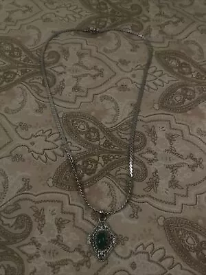 Vtg Silvertone Jade Glass Pendant With Monet Signed Chain • $15