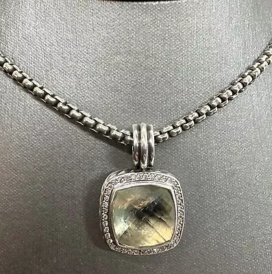 David Yurman Albion Prasiolite & Diamond Sterling Halo Pendant And Chain • $599